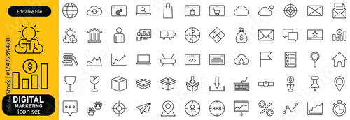 Digital Marketing icon set. Online promotion and advertising related line icons. SEO, email, social media, analytics, content, campaign, , branding, conversion, mobile and marketing . Editable stroke.
