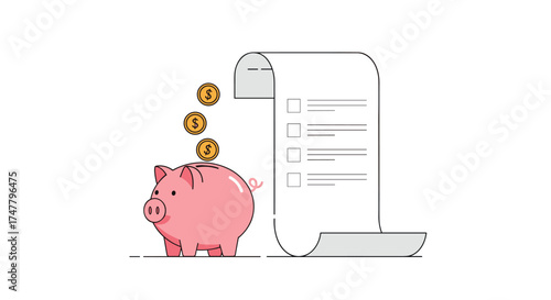 Saving money with a piggy bank and a long receipt illustration.