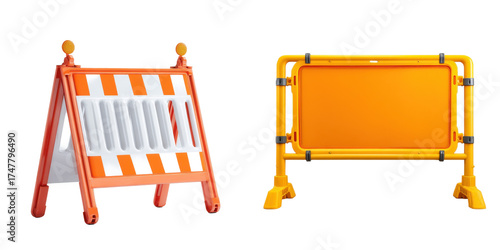 Bright orange and yellow plastic road safety barriers for construction zones isolated on white