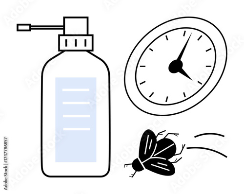 Spray bottle next to a clock and fly in motion. Ideal for pest eradication, saving time, pest control marketing, health awareness, household safety tips, agriculture, simple flat metaphor