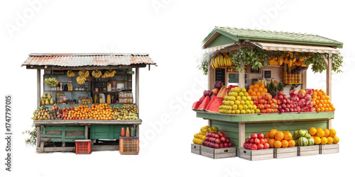 Two vibrant roadside fruit stands overflowing with fresh tropical produce and colorful citrus isolated on white