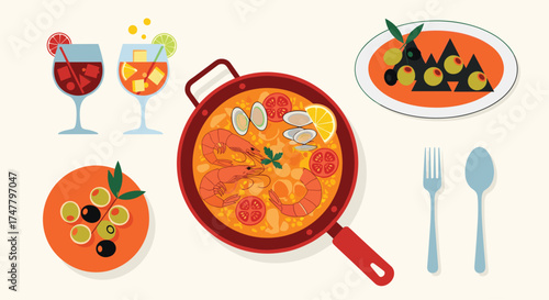 Delicious paella and refreshing drinks enjoyed at a Spanish restaurant.