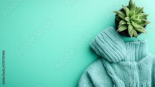 Top view of cozy turquoise sweater and green succulent plant on mint background