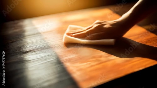 Hand wipes wooden surface with cloth in warm sunlight.