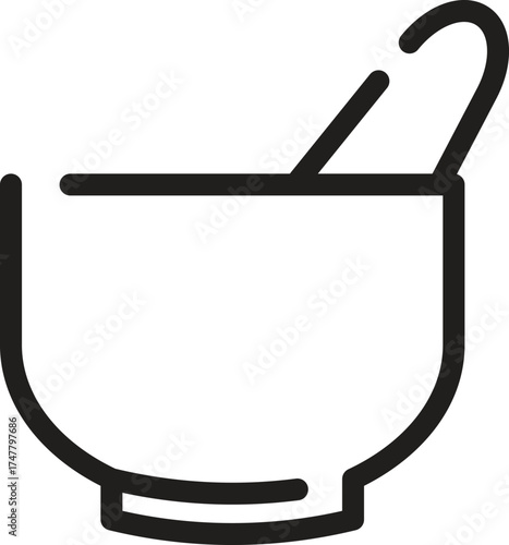 Simple black outline icon of a mortar and pestle. Clean, stylized vector graphic representing grinding, mixing, and crushing. Ideal element for chemistry, medicine