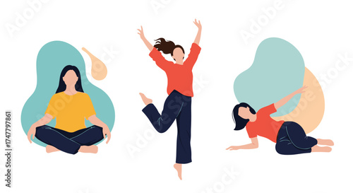 Women practicing yoga meditation and expressive dance celebrating life and well-being.