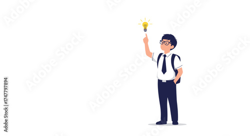 A young student holding a bright idea bulb above his head to represent creativity and innovation.
