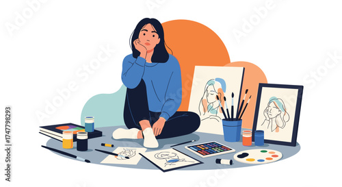 An artist contemplating their creative process surrounded by supplies and artwork.