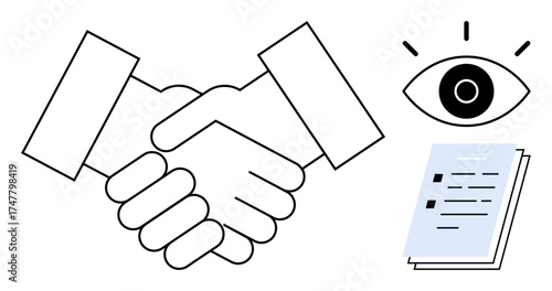Handshake surrounded by an open eye and a checklist document. Ideal for trust, partnership, review, supervision, transparency, contract signing, collaboration. Minimalistic flat metaphor