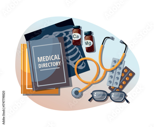 Image Diagnostic Healthcare Tool. Medical Stethoscope, Chest X Ray, pills, textbooks and glasses on white. Top view.