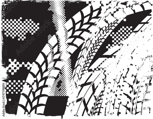 Vector Print Textured Tire Track border frame. Design Element . Car tread silhouette . Mud splash grunge texture. Drift show