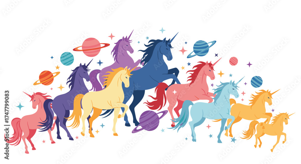 Fototapeta premium A vibrant herd of colorful unicorns galloping through a whimsical starry galaxy with celestial bodies and planets.