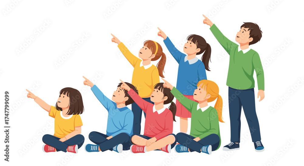Fototapeta premium A Diverse Group of Children Pointing Upwards Together in a Classroom Setting.