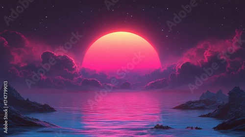 Vibrant Synthwave Sunset over a Calm Retro-Futuristic Ocean Landscape.
