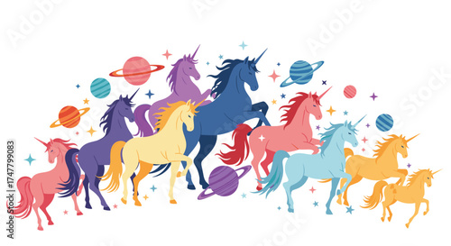 A vibrant herd of colorful unicorns galloping through a whimsical starry galaxy with celestial bodies and planets.