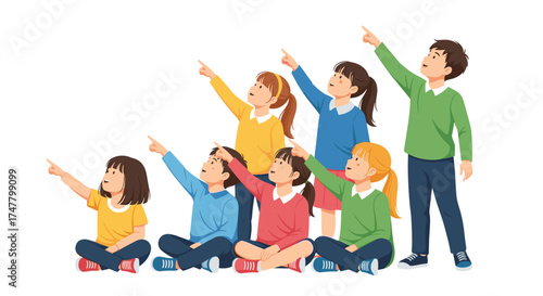 A Diverse Group of Children Pointing Upwards Together in a Classroom Setting.