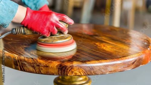 Craftsperson polishes wood table with orbital sander, showcasing detailed grain patterns.