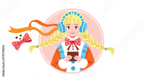 A young girl with blonde braided pigtails holding a bar of chocolate.