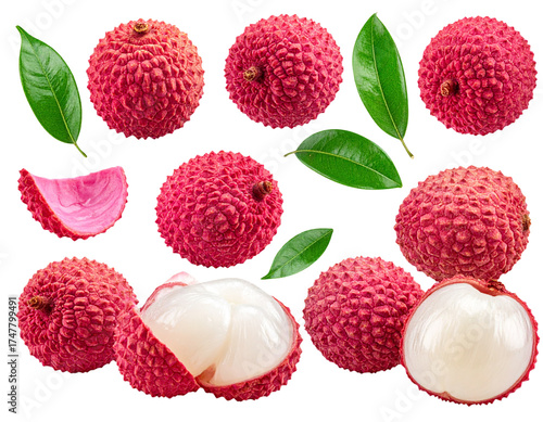 Set of Fresh Lychee Fruits with Peeled Section, Realistic Texture, Isolated on White Background
