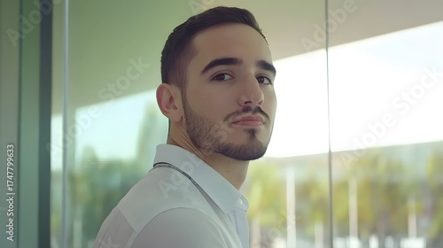 Confident Young Man Portrait Near Window Modern Building