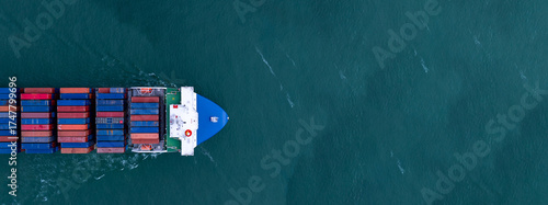 Aerial view container ship cargo shipping business logistic import and export freight transportation by container ship in open sea, Container loading cargo freight ship boat.