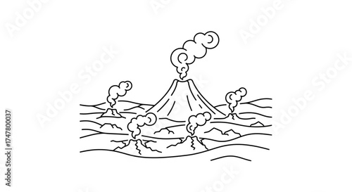 Line art illustration of a volcanic landscape with multiple erupting volcanoes and smoke plumes.