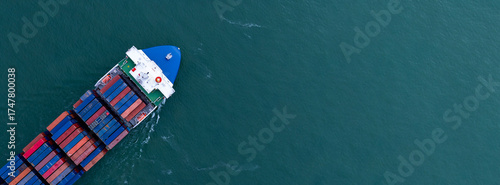 Aerial view container ship cargo shipping business logistic import and export freight transportation by container ship in open sea, Container loading cargo freight ship boat.