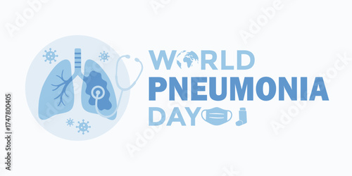 Minimalist blue vector poster for World Pneumonia Day, highlighting human lungs, medical icons, and health awareness against pneumonia and respiratory infections.
