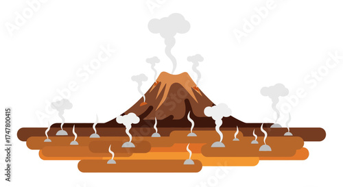 Illustration of a smoking volcano with multiple vents releasing steam and smoke against a white background.