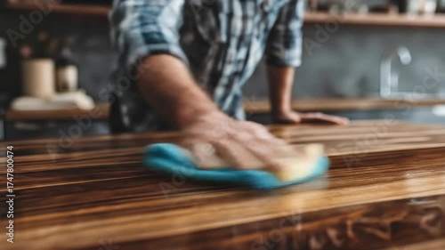 Person polishes a gleaming wooden tabletop with a sponge and cloth.