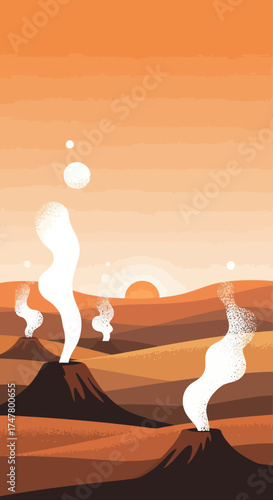 Volcanic landscape with rising smoke and a setting sun in the background.