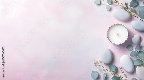 Elegant spa and wellness still life with candle, stones and eucalyptus leaves