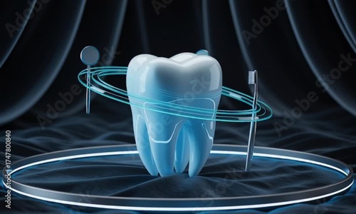 Dental care concept with tooth model, toothbrush and mirror animation