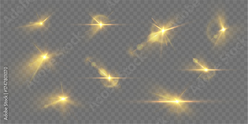 Collection of spot lighting with LED strobe beams. Bright luminous streaks and glowing flares create dramatic light effects. Ideal for concerts, stage performances, digital design, or creative visuals