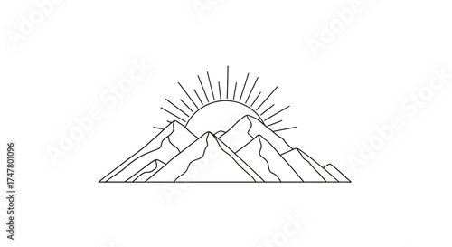 Line art illustration of mountains with sun rising behind them.