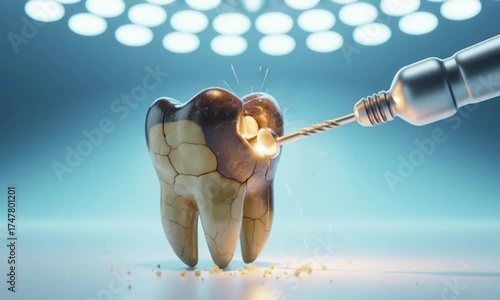 Dental drill removing decay from a damaged molar tooth in a clinic setting