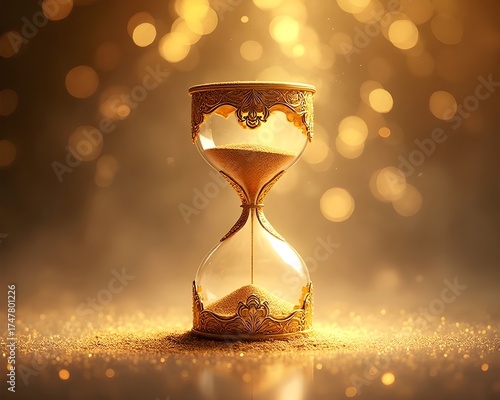 Glass hourglass in grassy meadow surrounded by daisies and drifting white petals in sunlight