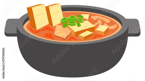 Vector illustration of Korean kimchi jjigae with tofu and pork in red spicy soup, traditional Korean comfort food dish.