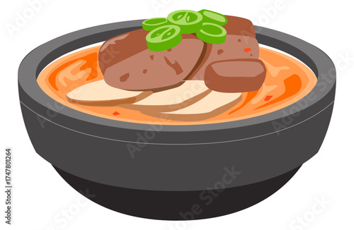 Korean sundae guk vector illustration showing blood sausage soup with vegetables and broth, traditional Korean dish.