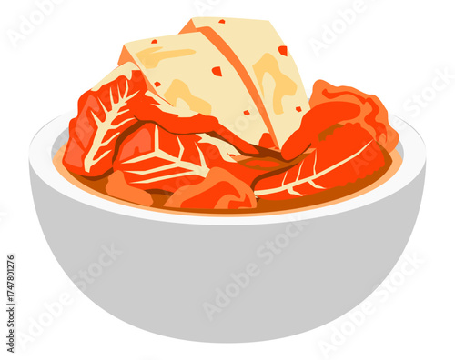 Vector illustration of Korean kimchi tofu bowl with fermented cabbage and spicy broth, simple traditional Korean meal.