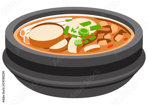Korean doenjang jjigae vector illustration showing soybean paste soup with tofu, potato, and vegetables in hot pot.