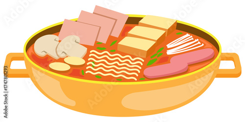 Korean budae jjigae vector illustration with sausage, tofu, ramen, and mushrooms in spicy soup, fusion army stew dish.