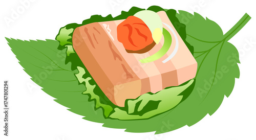 Vector illustration of Korean bossam wrap with pork, kimchi, and vegetables on leaf, traditional Korean side dish.