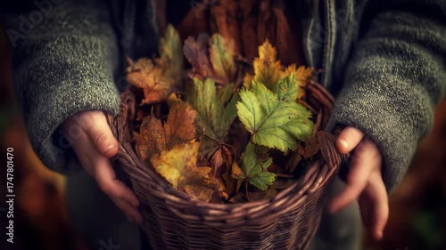 Child's hands hold a woven basket filled with colorful autumn leaves.