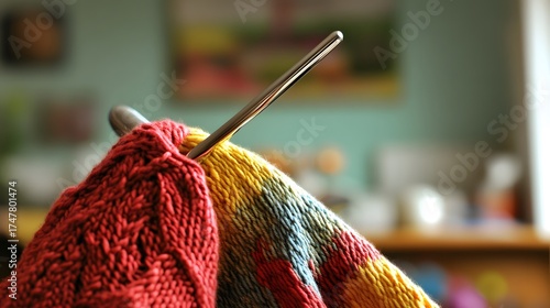 Closeup Knitted Wool Yarn with Needles, Colorful Texture