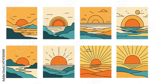 A collection of eight minimalist illustrations depicting sunsets and sunrises over diverse landscapes, featuring clean lines and a warm color palette.