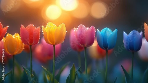 Vibrant Tulips in a Row with Golden Hour Bokeh Background.