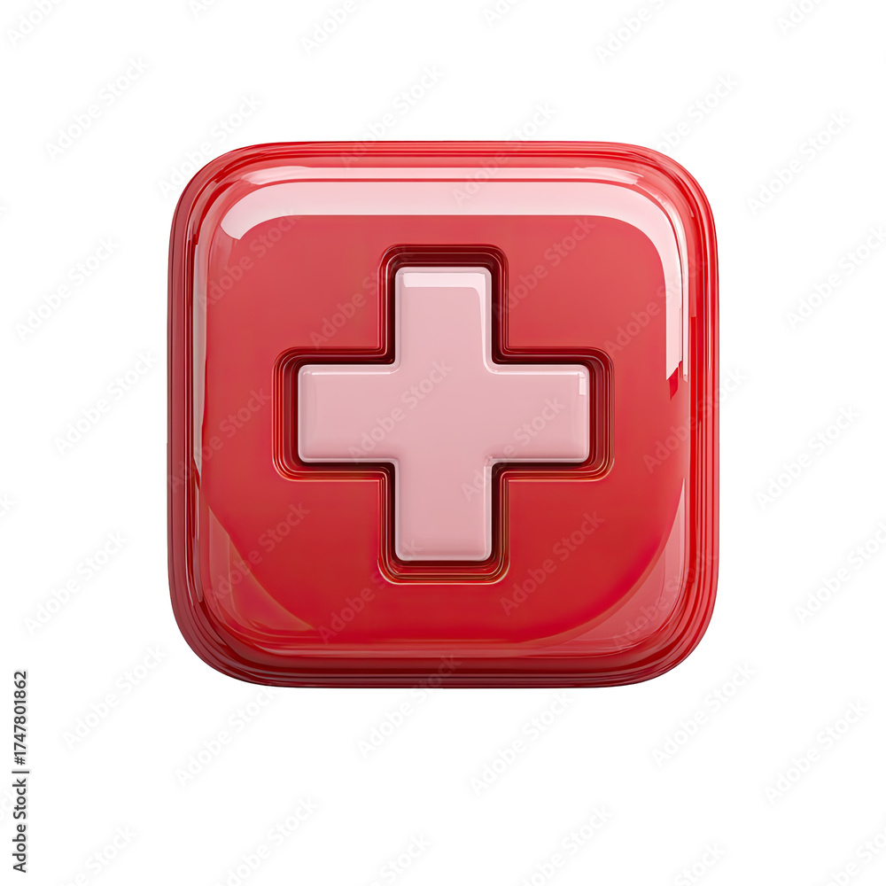 Fototapeta premium Glossy red square button featuring a pale pink cross, resembling a medical symbol