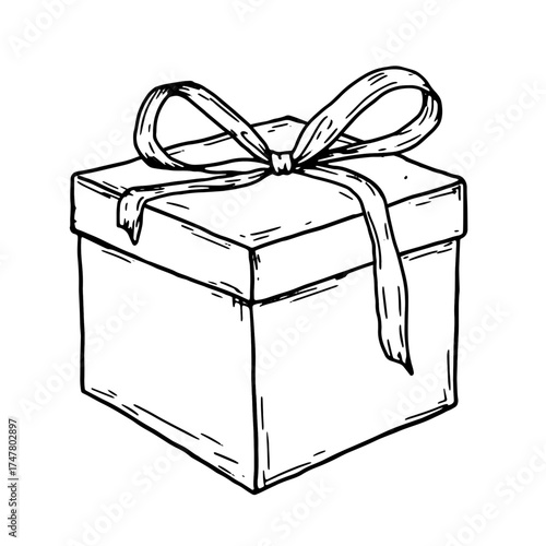 Gift box with a bow, black and white sketch. Vector illustration. Festive packaging, insulated on a white background. Birthday, Christmas, New Year and holidays theme