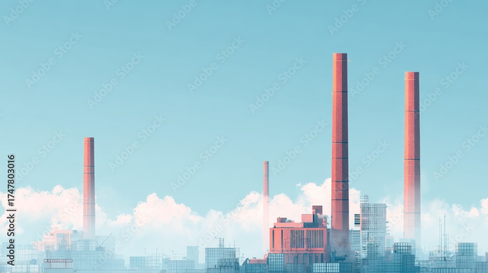 Obraz premium Industrial skyline with smokestacks and clouds under blue sky